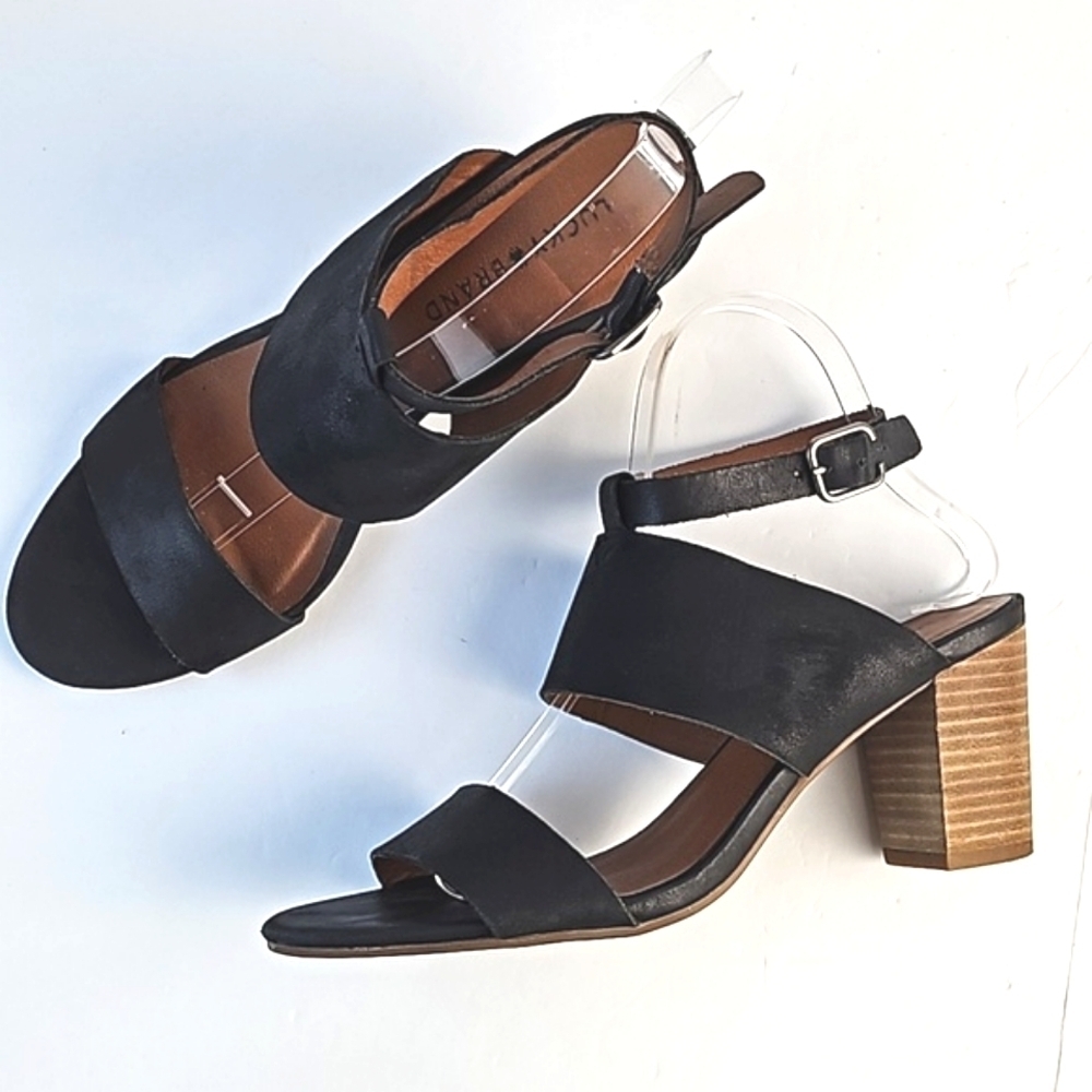Lucky Brand Jodalee Black Leather Ankle Strap Wooden Stacked Block Heel Sandal - Picture 9 of 16